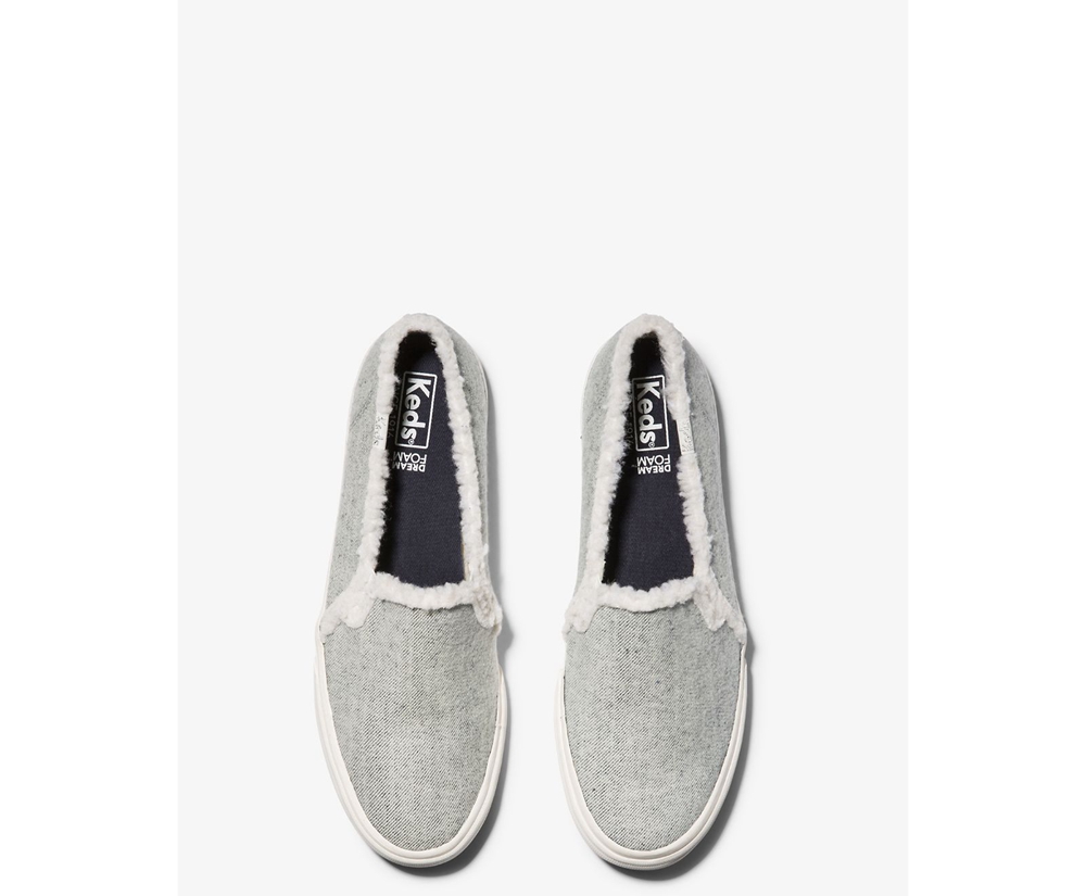 Slip On Γυναικεια - Keds Double Decker Brushed Denim Faux Shearling - Γκρι - WRQJN6492